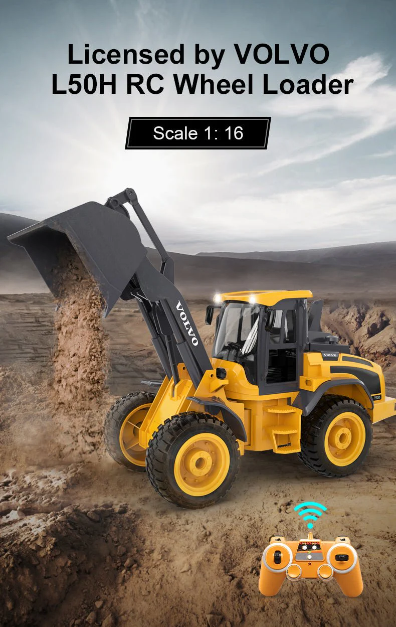 1:16 RC Volvo L50H Wheel Loader – 6 Channel Remote Control Construction Truck Toy with Lights & 4WD