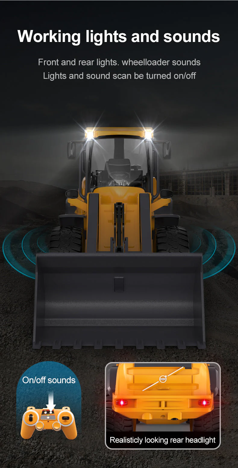 1:16 RC Volvo L50H Wheel Loader – 6 Channel Remote Control Construction Truck Toy with Lights & 4WD - Image 5