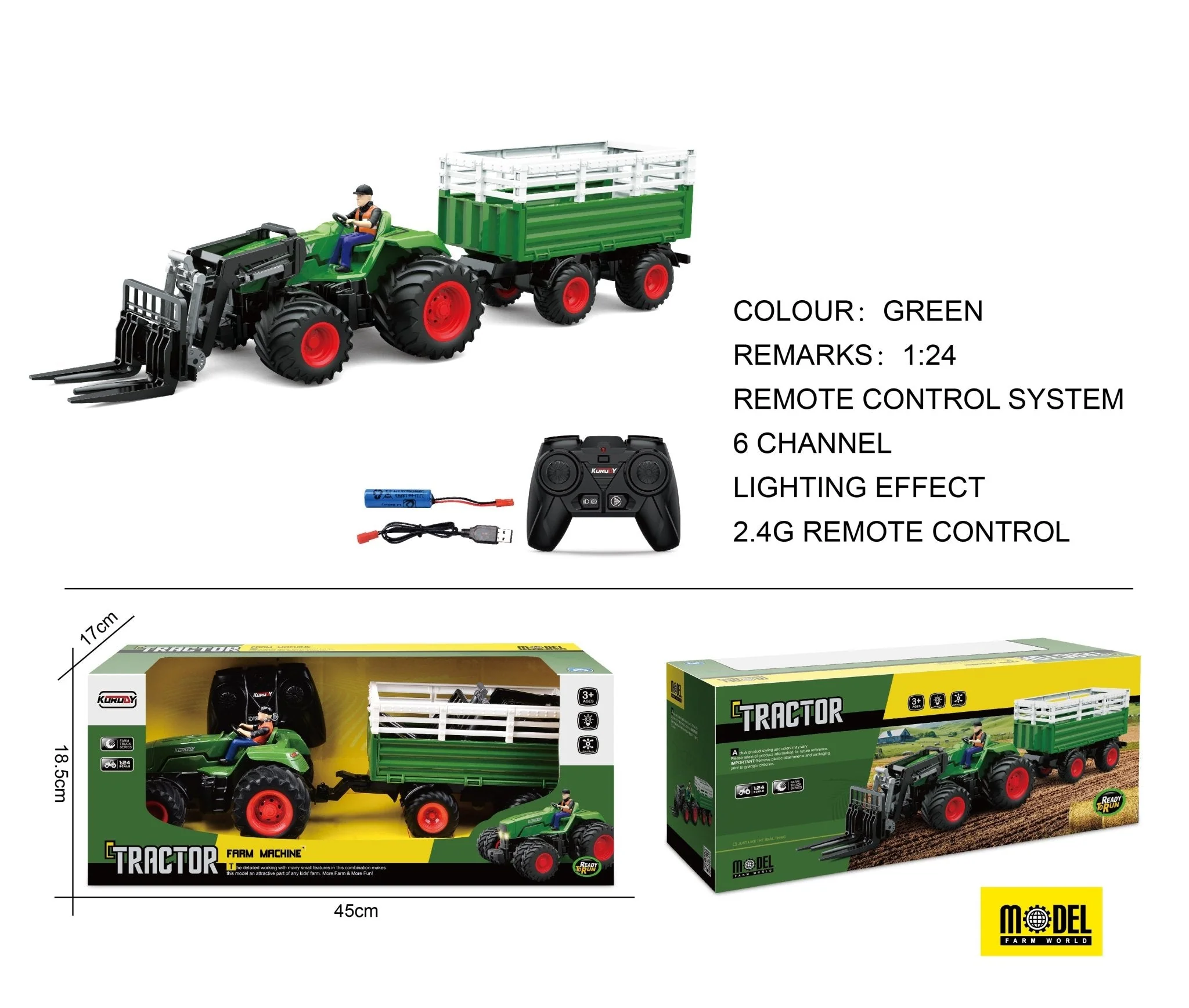 1:24 Scale 6-Channel RC Farm Truck Set – Tractor, Loader & Wagon | Durable & Realistic Play - Image 11