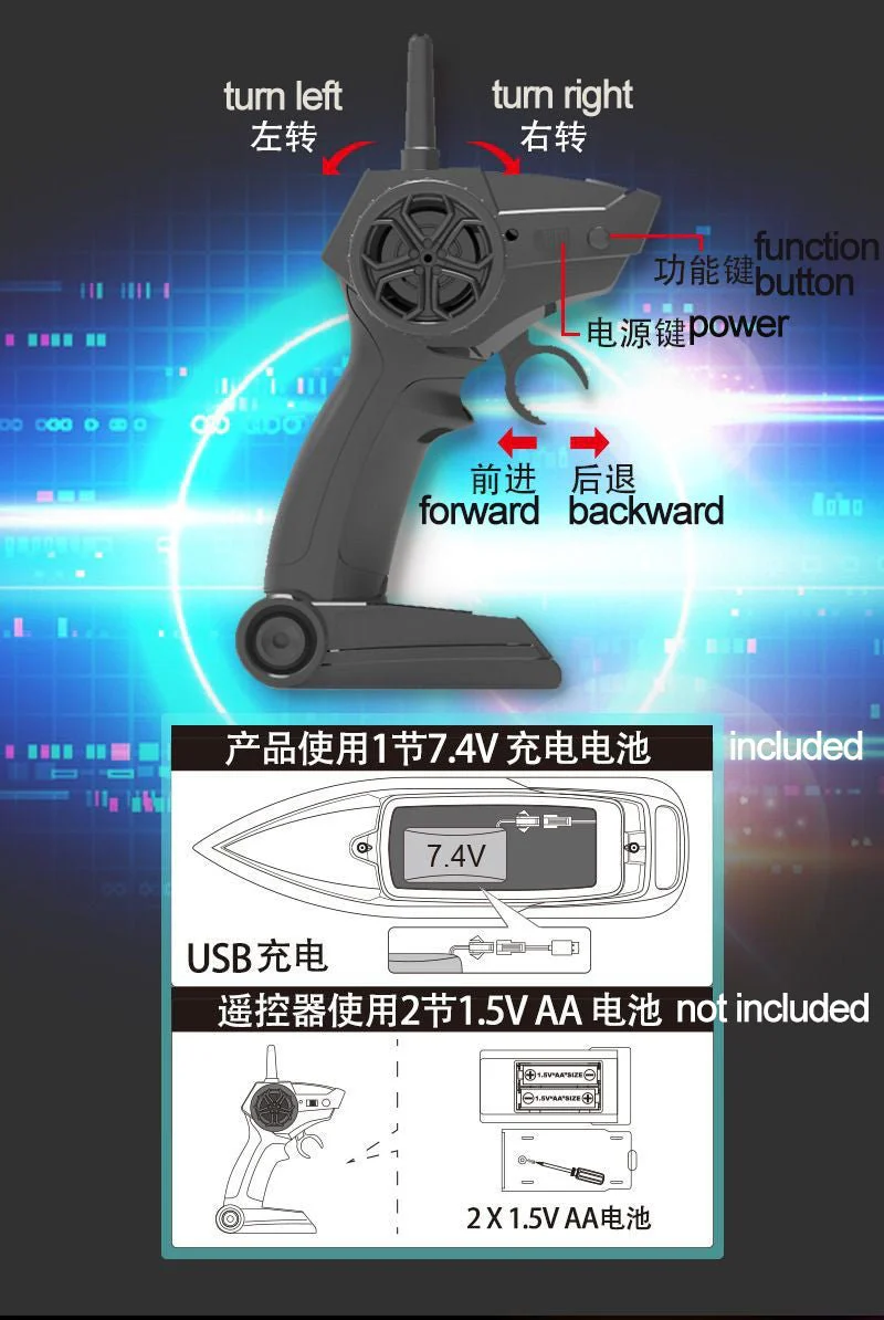 1:28 Scale 2.4G RC High-Speed Propeller Boat with Lights – 15 km/h, 1200mAh Battery, Long Range 100m – SKU 1896940S - Image 10
