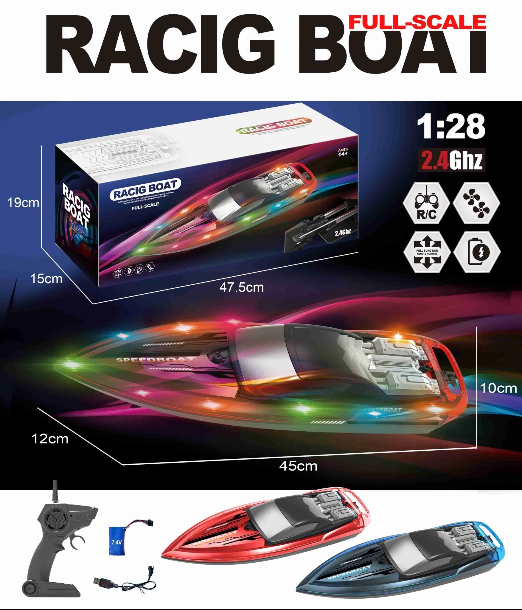 1:28 Scale 2.4G RC High-Speed Propeller Boat with Lights – 15 km/h, 1200mAh Battery, Long Range 100m – SKU 1896940S - Image 19