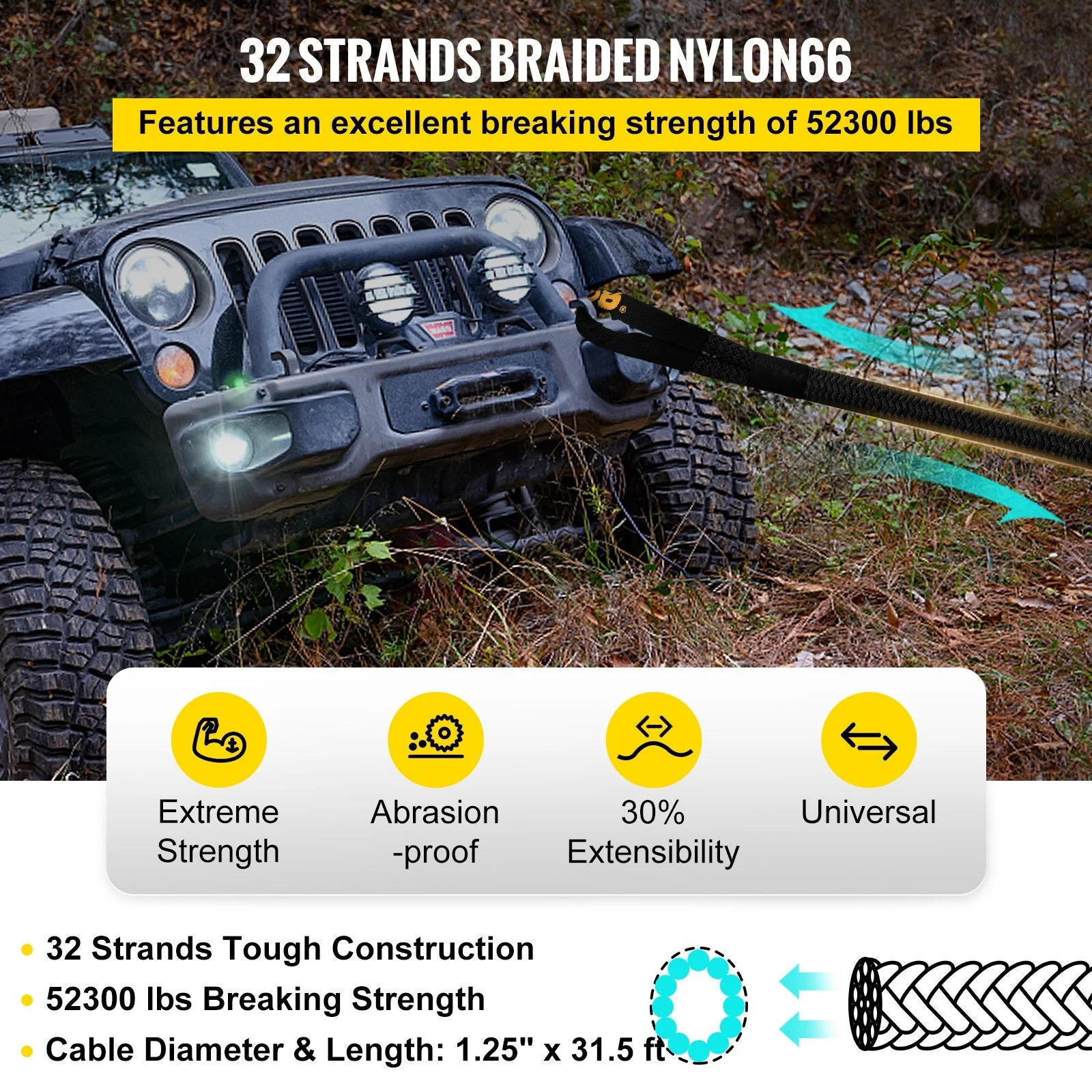 1.4" x 31.5' Heavy Duty Double Recovery Rope – 52,300 lbs Kinetic Tow Rope 523467 - Image 3