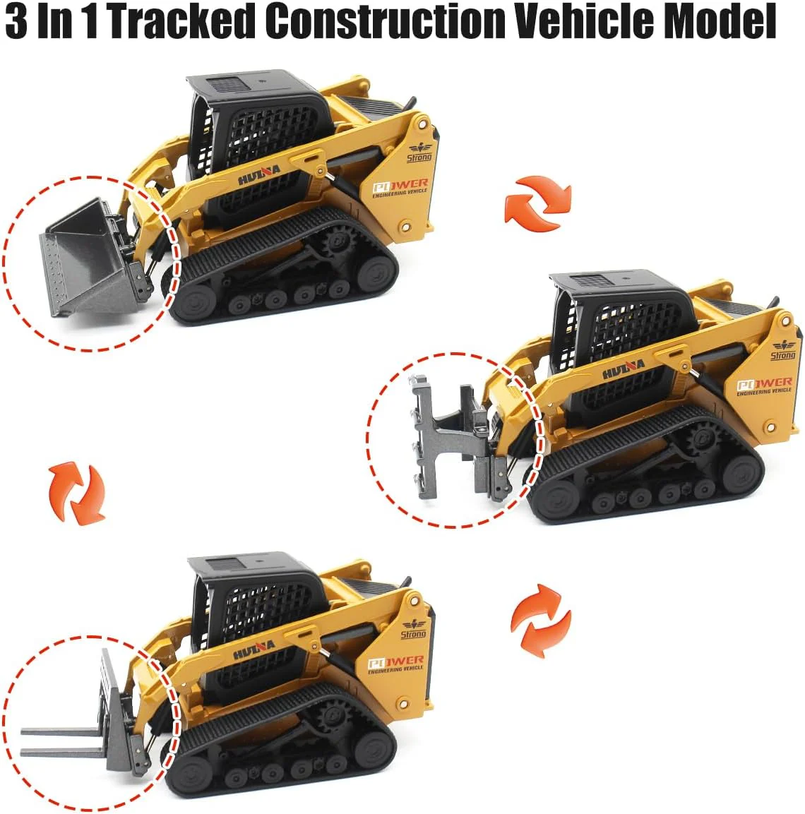 1:50 Scale Tracked Skid Steer Loader Die-Cast Toy – Construction Vehicle Model with Forklift, Shovel &amp; Grabber - Image 2