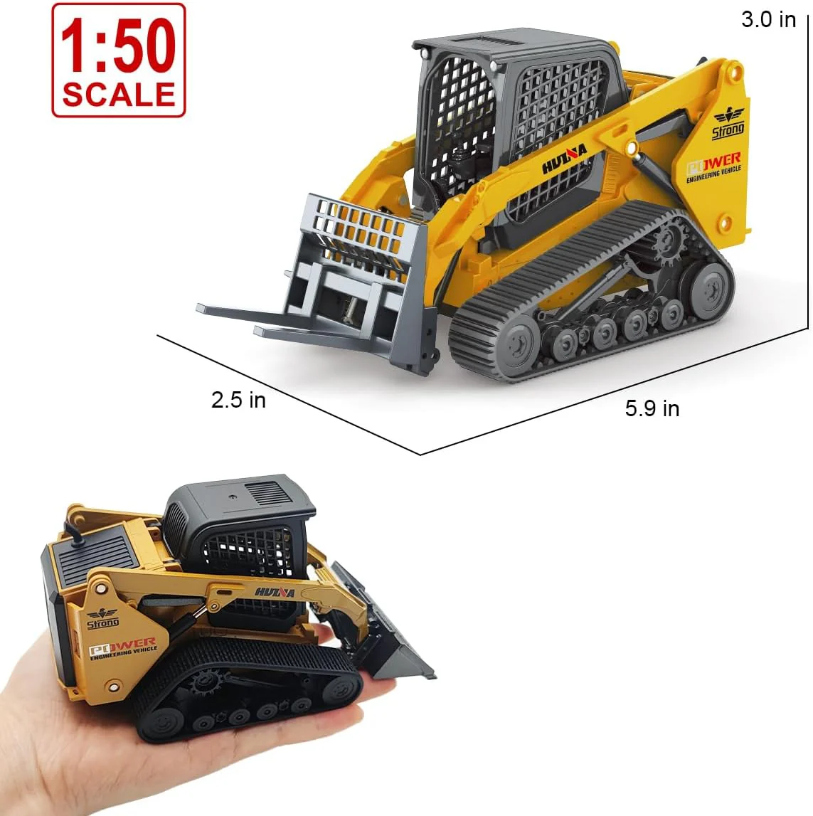 1:50 Scale Tracked Skid Steer Loader Die-Cast Toy – Construction Vehicle Model with Forklift, Shovel &amp; Grabber - Image 3