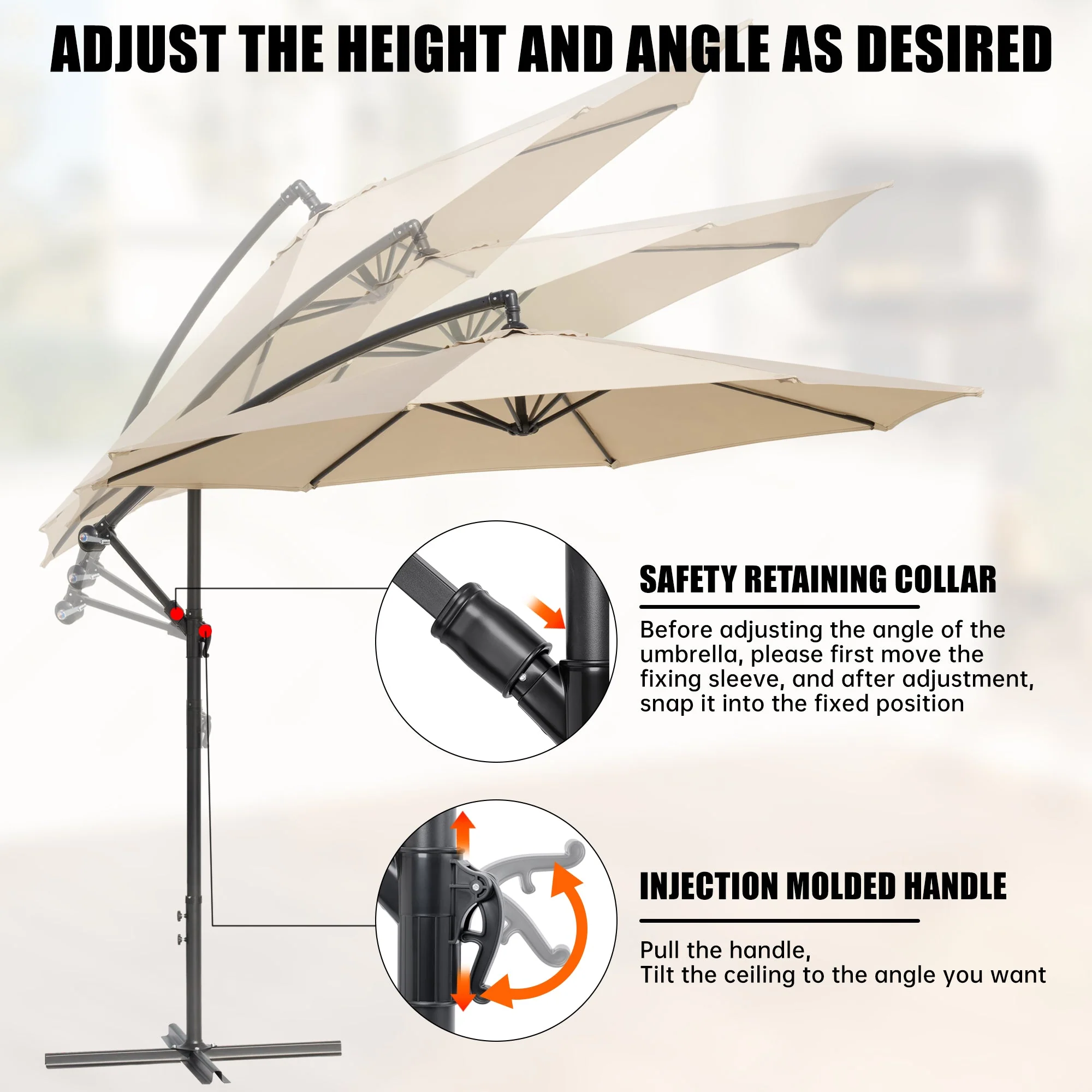 10 ft Hanging Offset Patio Umbrella with Crank, Adjustable Angle, Sand Bag Base & Tan Canopy for Deck, Garden & Outdoor Shade AMBU30T - Image 2