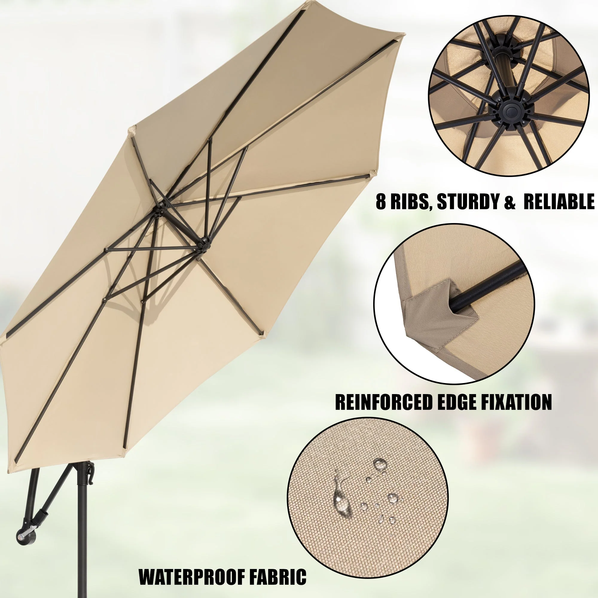 10 ft Hanging Offset Patio Umbrella with Crank, Adjustable Angle, Sand Bag Base & Tan Canopy for Deck, Garden & Outdoor Shade AMBU30T - Image 3
