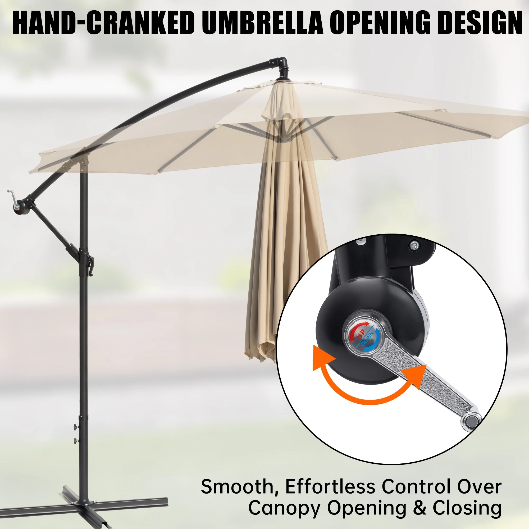 10 ft Hanging Offset Patio Umbrella with Crank, Adjustable Angle, Sand Bag Base & Tan Canopy for Deck, Garden & Outdoor Shade AMBU30T - Image 4