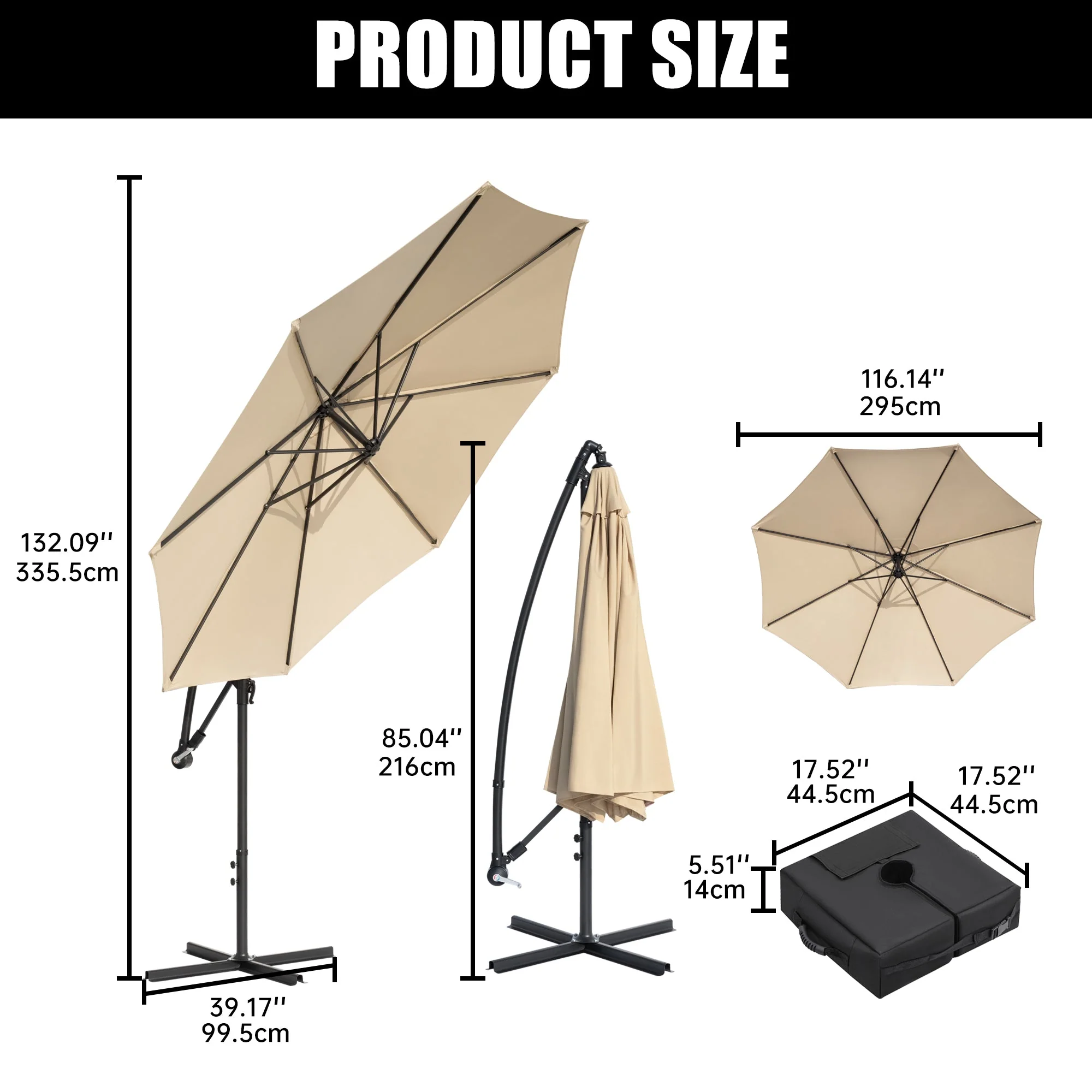 10 ft Hanging Offset Patio Umbrella with Crank, Adjustable Angle, Sand Bag Base & Tan Canopy for Deck, Garden & Outdoor Shade AMBU30T - Image 5