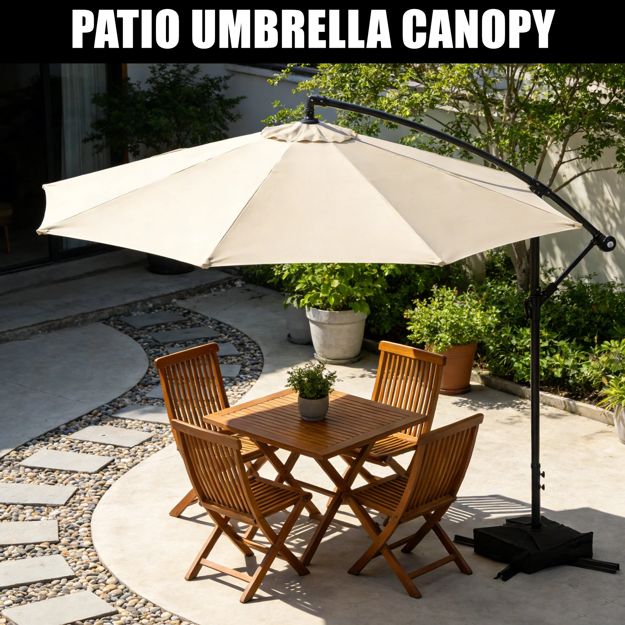 10 ft Hanging Offset Patio Umbrella with Crank, Adjustable Angle, Sand Bag Base & Tan Canopy for Deck, Garden & Outdoor Shade AMBU30T - Image 6