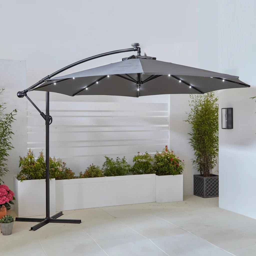 10 ft Offset Hanging Patio Umbrella with LED Lights – Gray Cantilever Outdoor Umbrella OU1083GL - Image 2