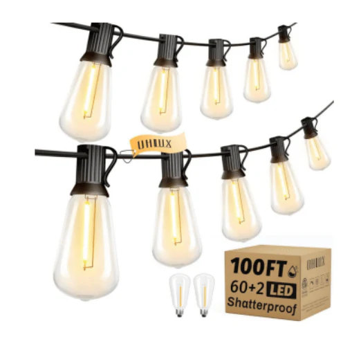 100FT Outdoor Edison String Lights – 62 ST38 Shatterproof LED Bulbs 2200K – JXED100