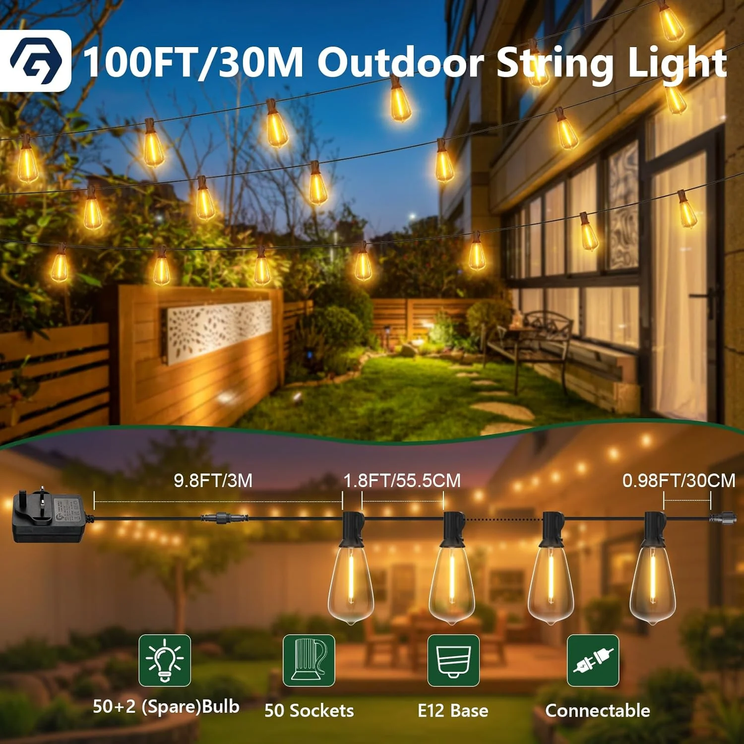 100FT Outdoor Edison String Lights – 62 ST38 Shatterproof LED Bulbs 2200K – JXED100 - Image 2