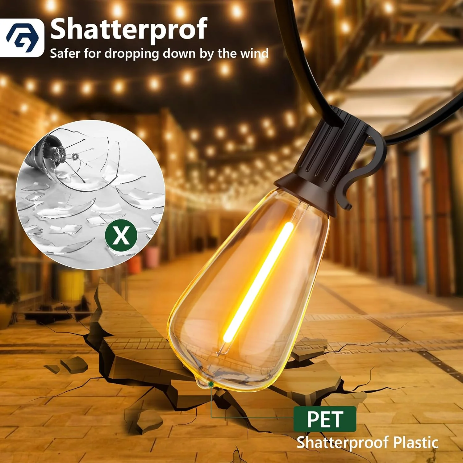 100FT Outdoor Edison String Lights – 62 ST38 Shatterproof LED Bulbs 2200K – JXED100 - Image 4