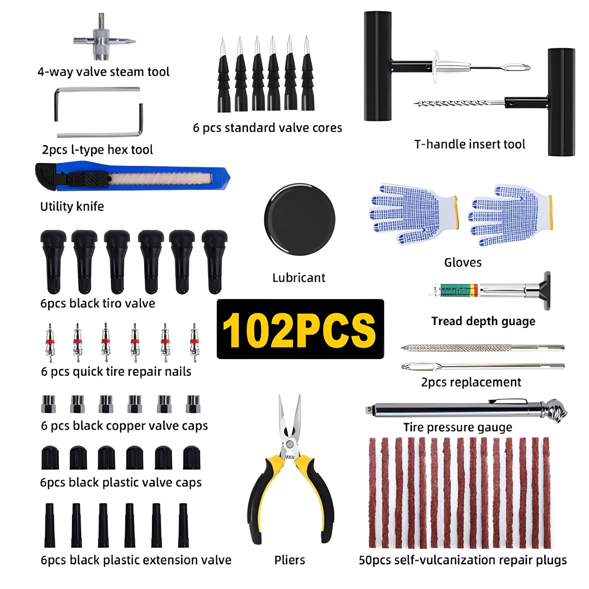 102 Piece Tire Plug Repair Tool Kit Heavy Duty Tubeless Tire Puncture Fix Set TPK0102 - Image 2