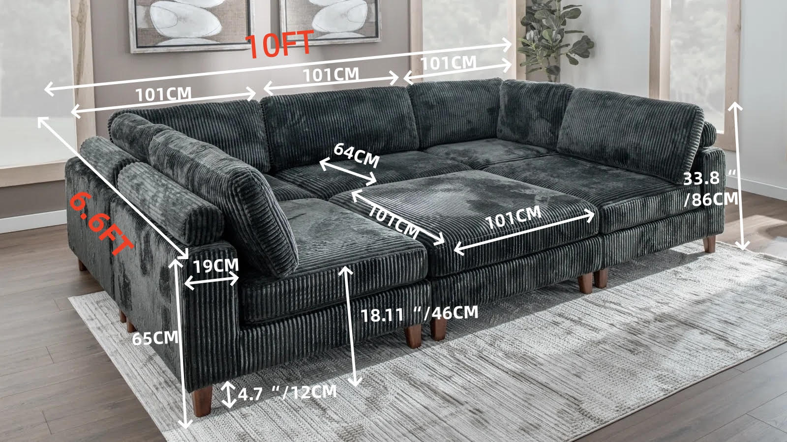 Modular 10ft Wide Corduroy Sofa – Modern Room Furniture with Plush Texture - Image 5