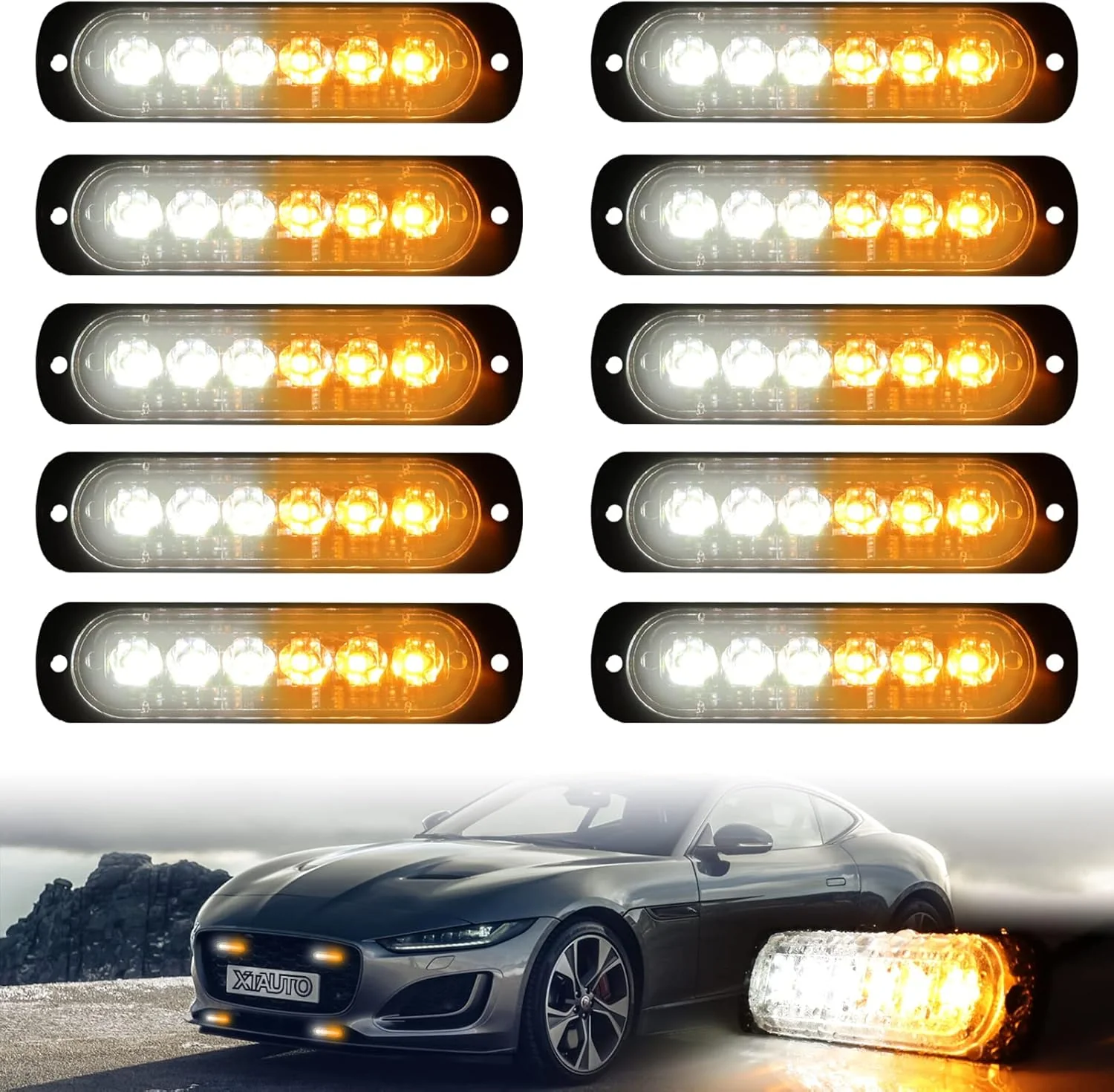 10PCS 6 LED Emergency Strobe Warning Lights Amber White 18 Flash Modes 12V 10PCSL