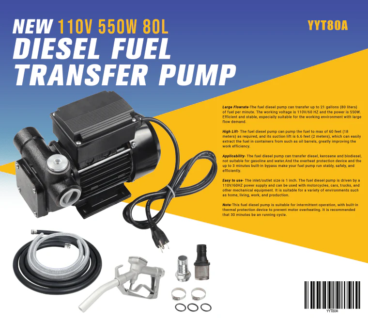 110V Diesel Fuel Transfer Pump Kit – 550W Motor with 80L/min Flow Rate | Model YYT80A