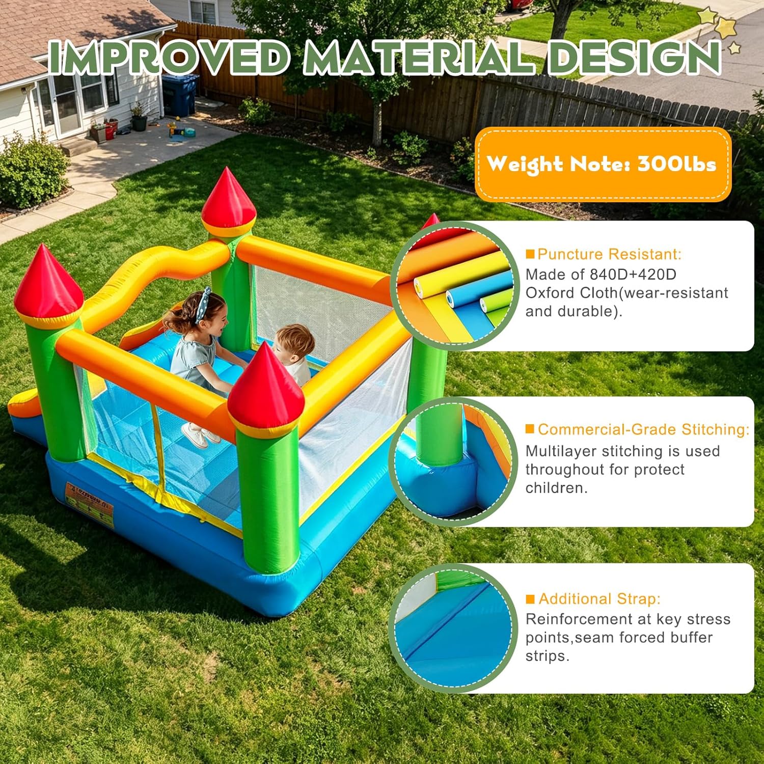 12 ft x 9 ft Rainbow Inflatable Bounce House with Slide, 380W Blower, Safety Net, Stakes &amp; Carry Bag 6208 - Image 3