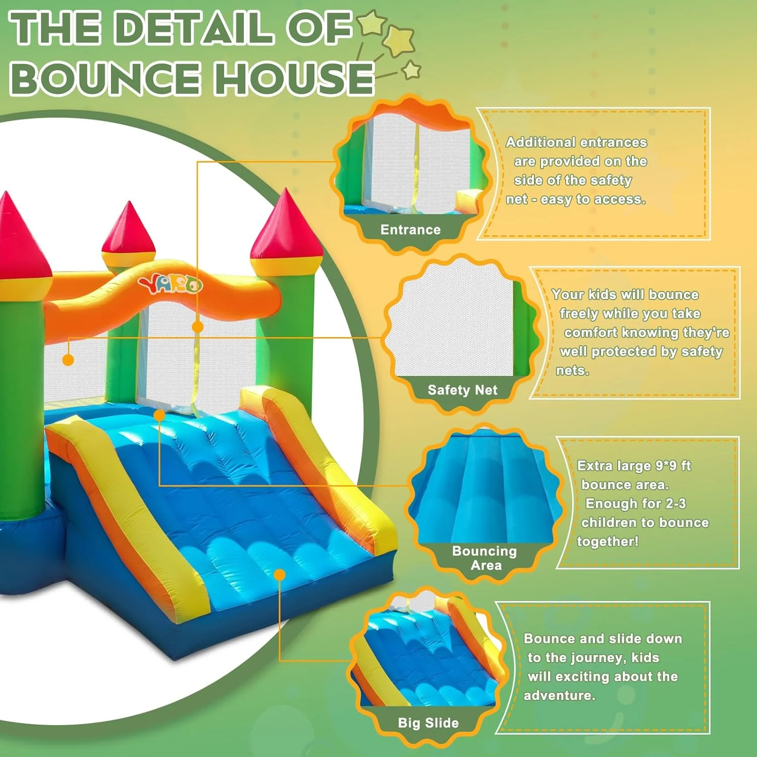 12 ft x 9 ft Rainbow Inflatable Bounce House with Slide, 380W Blower, Safety Net, Stakes &amp; Carry Bag 6208 - Image 4