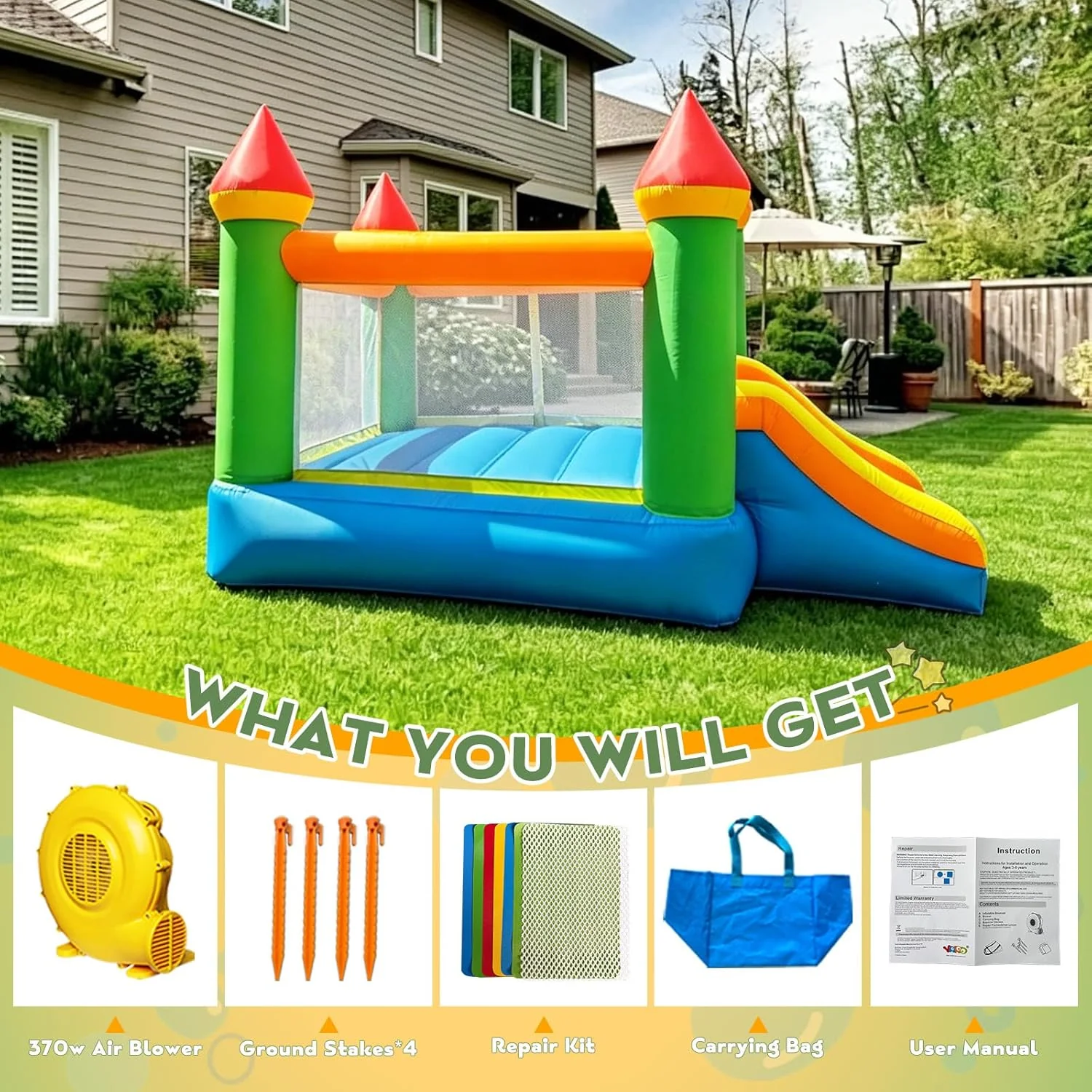 12 ft x 9 ft Rainbow Inflatable Bounce House with Slide, 380W Blower, Safety Net, Stakes &amp; Carry Bag 6208 - Image 7