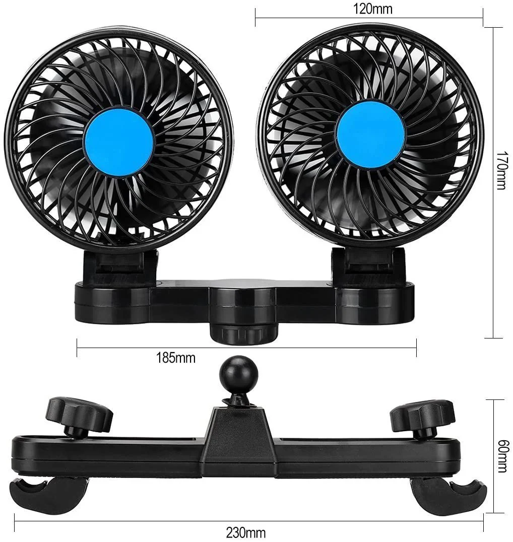12V Dual Head Car Fan – Adjustable Cooling for Pets & Rear Passengers | 360° Rotating Vehicle Fan 713628 - Image 2
