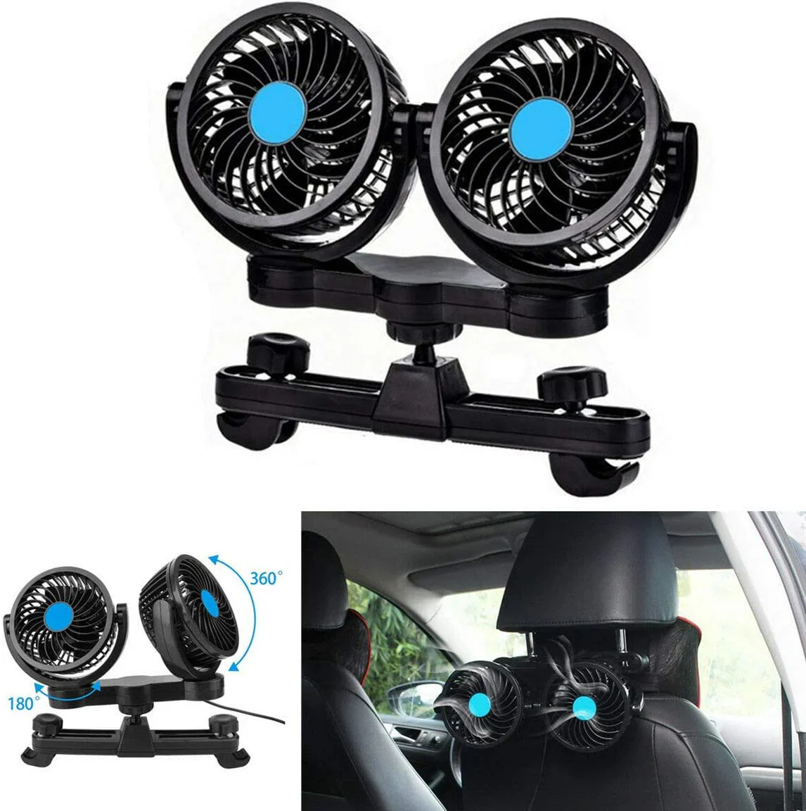 12V Dual Head Car Fan – Adjustable Cooling for Pets & Rear Passengers | 360° Rotating Vehicle Fan 713628 - Image 3