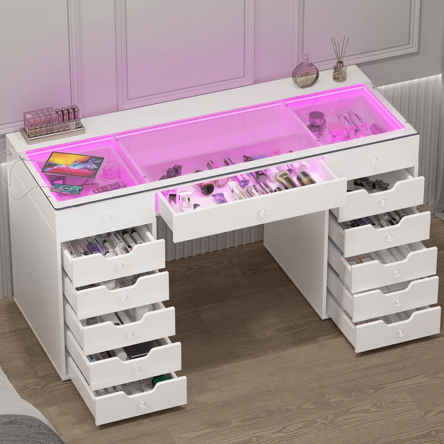 13-Drawer Vanity Desk with RGB Lights, USB/Type-C Charging – White Glass Top Makeup Table for Bedroom DT057W