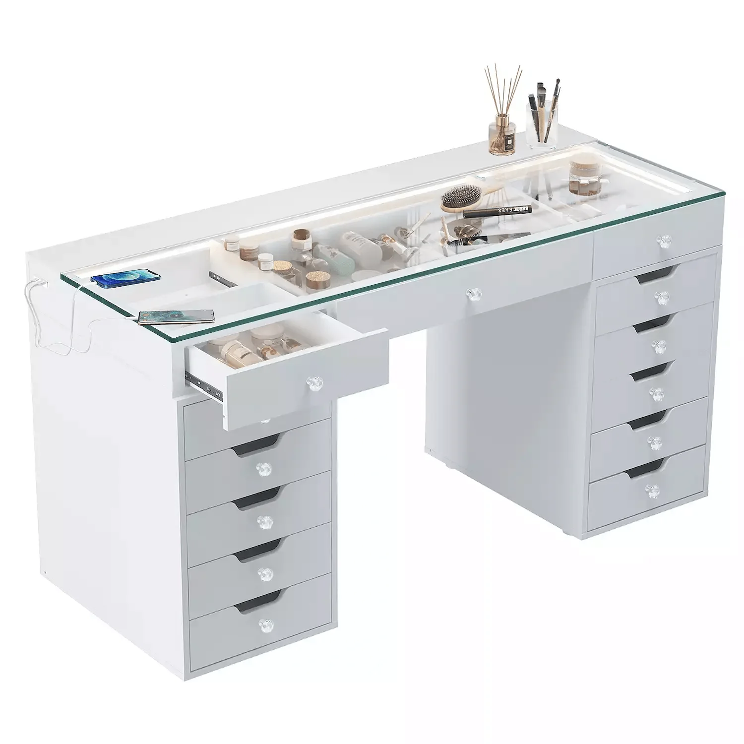 13-Drawer Vanity Desk with RGB Lights, USB/Type-C Charging – White Glass Top Makeup Table for Bedroom DT057W - Image 2