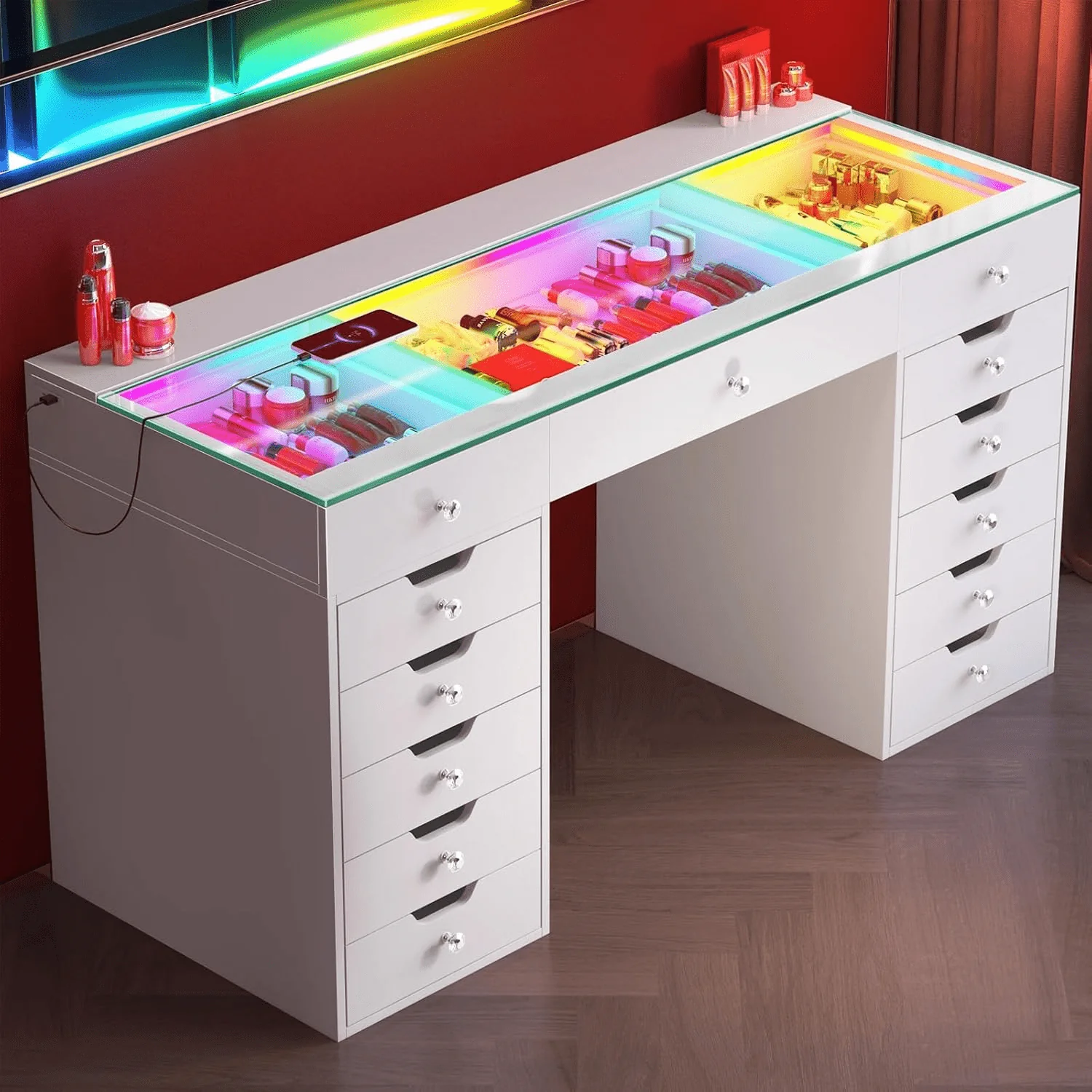 13-Drawer Vanity Desk with RGB Lights, USB/Type-C Charging – White Glass Top Makeup Table for Bedroom DT057W - Image 3