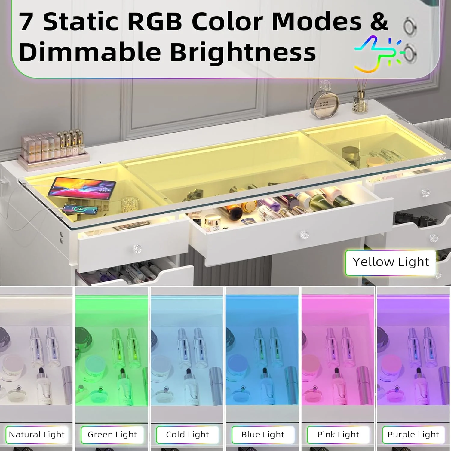 13-Drawer Vanity Desk with RGB Lights, USB/Type-C Charging – White Glass Top Makeup Table for Bedroom DT057W - Image 4