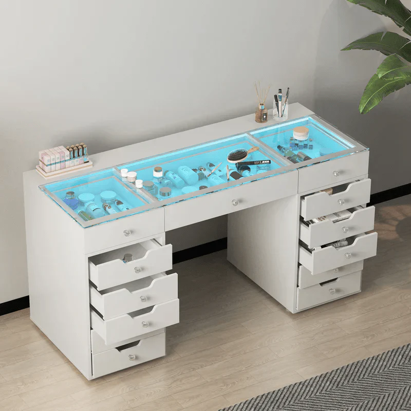 13-Drawer Vanity Desk with RGB Lights, USB/Type-C Charging – White Glass Top Makeup Table for Bedroom DT057W - Image 5