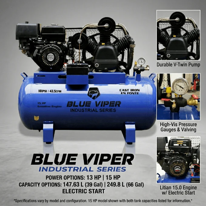 15HP & 13 HP Gas Air Compressor with Electric Start – 66 & 39 Gallon Tank Options | Heavy-Duty Portable Unit