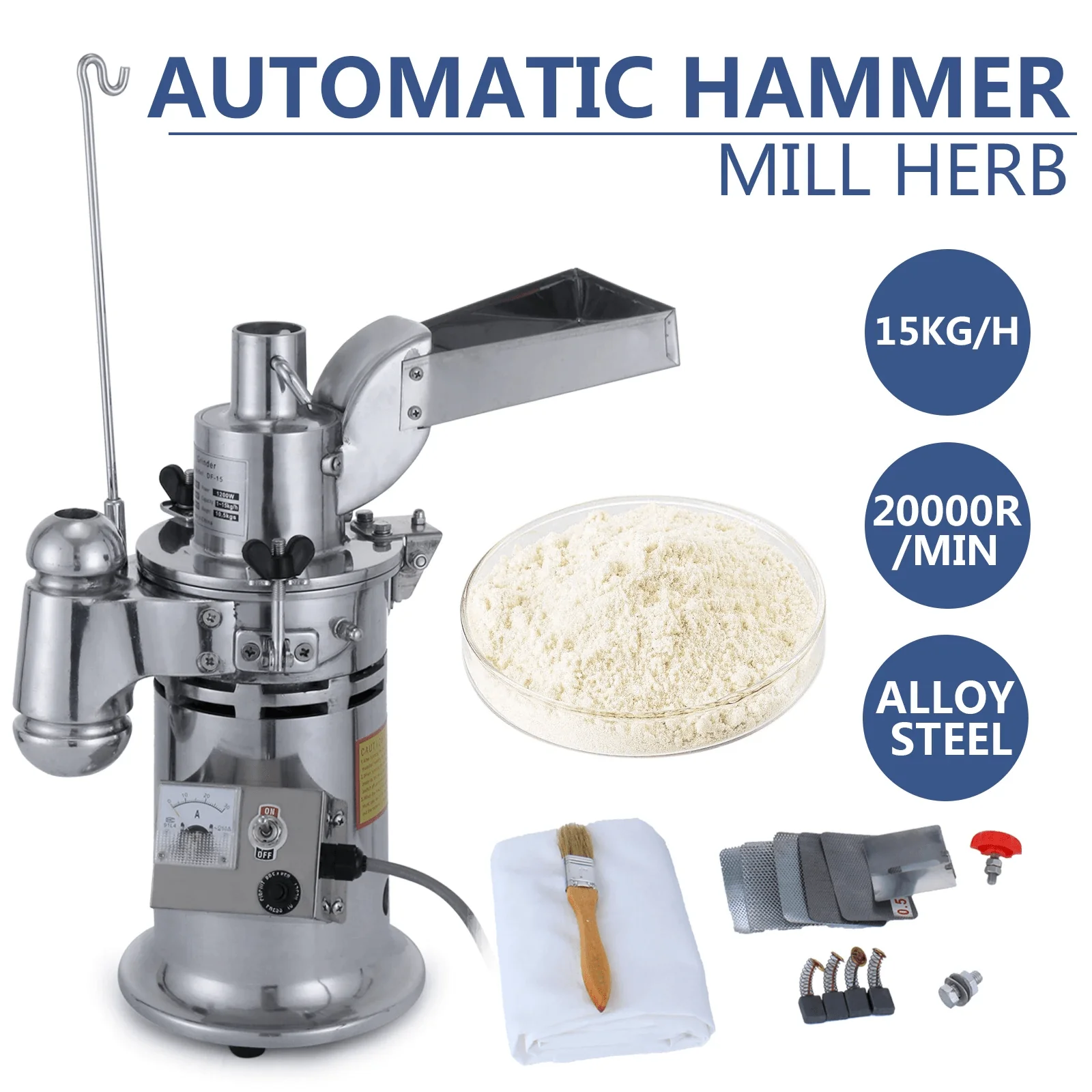 New Automatic Herb Grinder 15kg Hammer Mill Pulverizer – Industrial-Grade Herb & Spice Crusher 518HPV