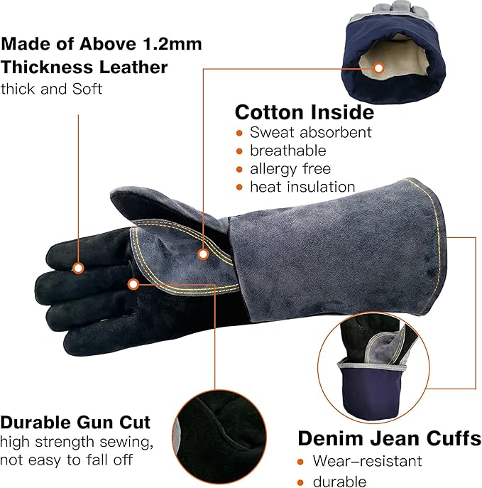 16 Inch Heat Resistant Leather Welding BBQ Gloves 932°F Fire Protection LGW169 - Image 4
