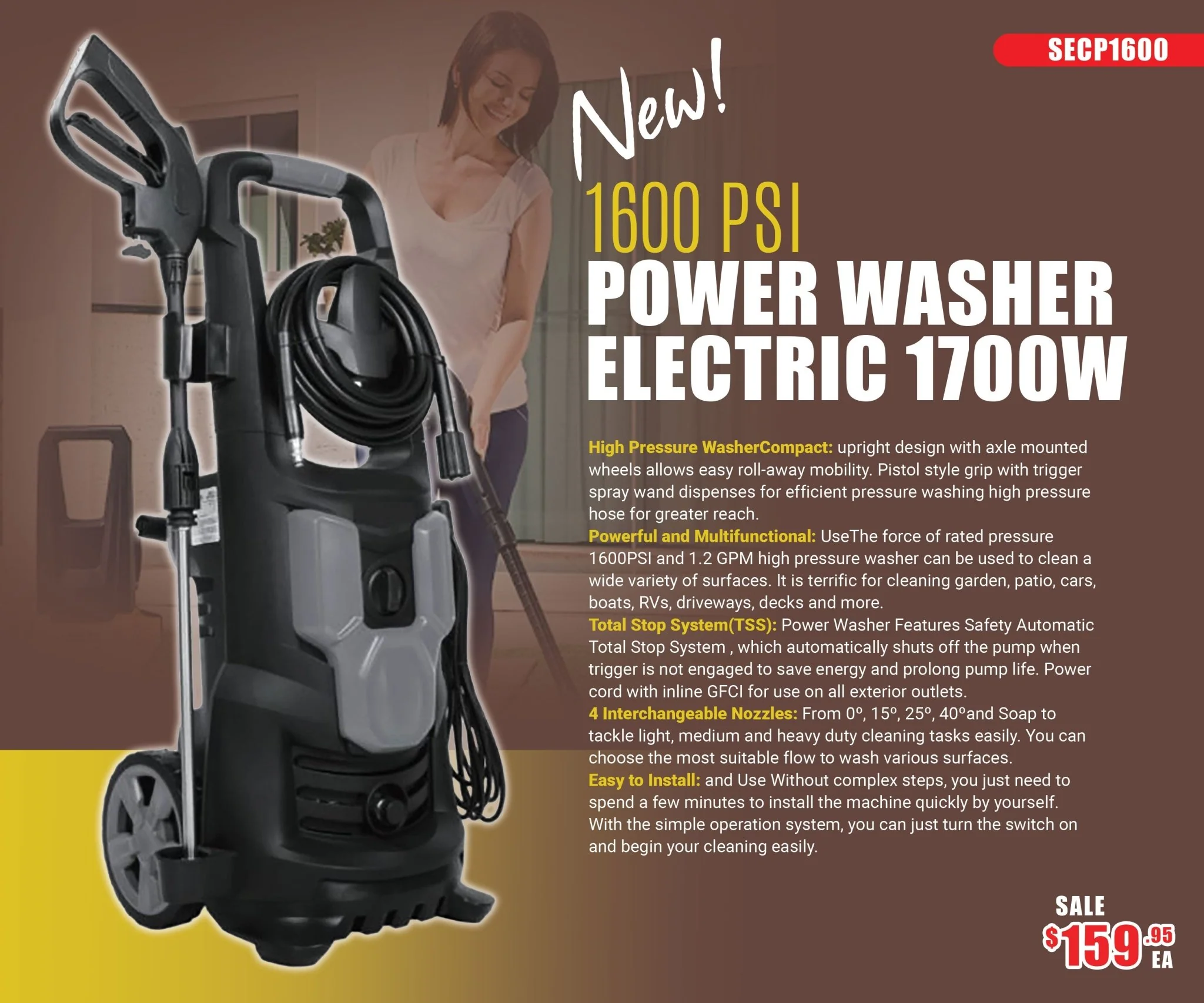 1600 PSI Electric Pressure Washer – 1700W Compact & Portable Cleaner SECP1600 - Image 3