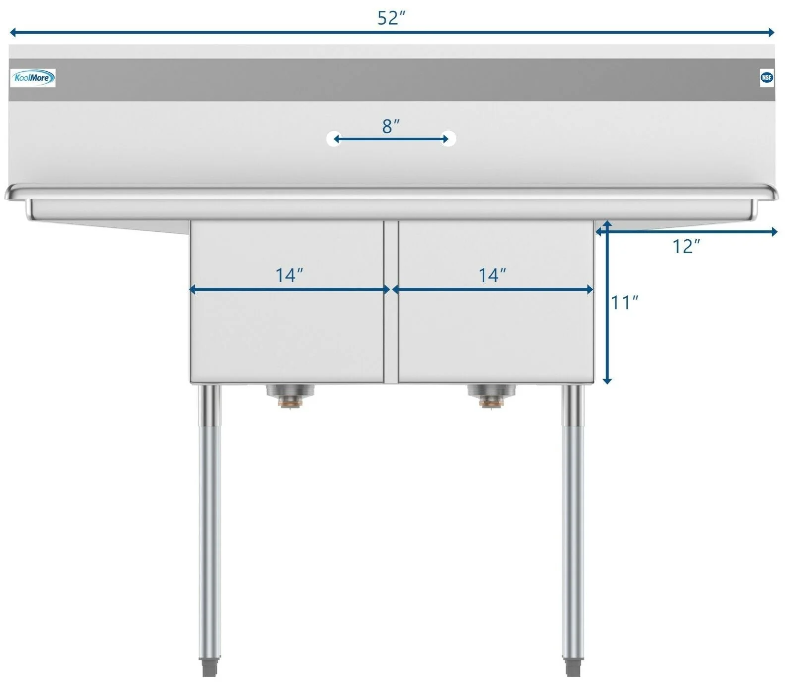 2 Compartment NSF Stainless Steel Prep Sink with Drainboard – 14" x 16" Bowls – Commercial Kitchen Sink 2C14161 - Image 4