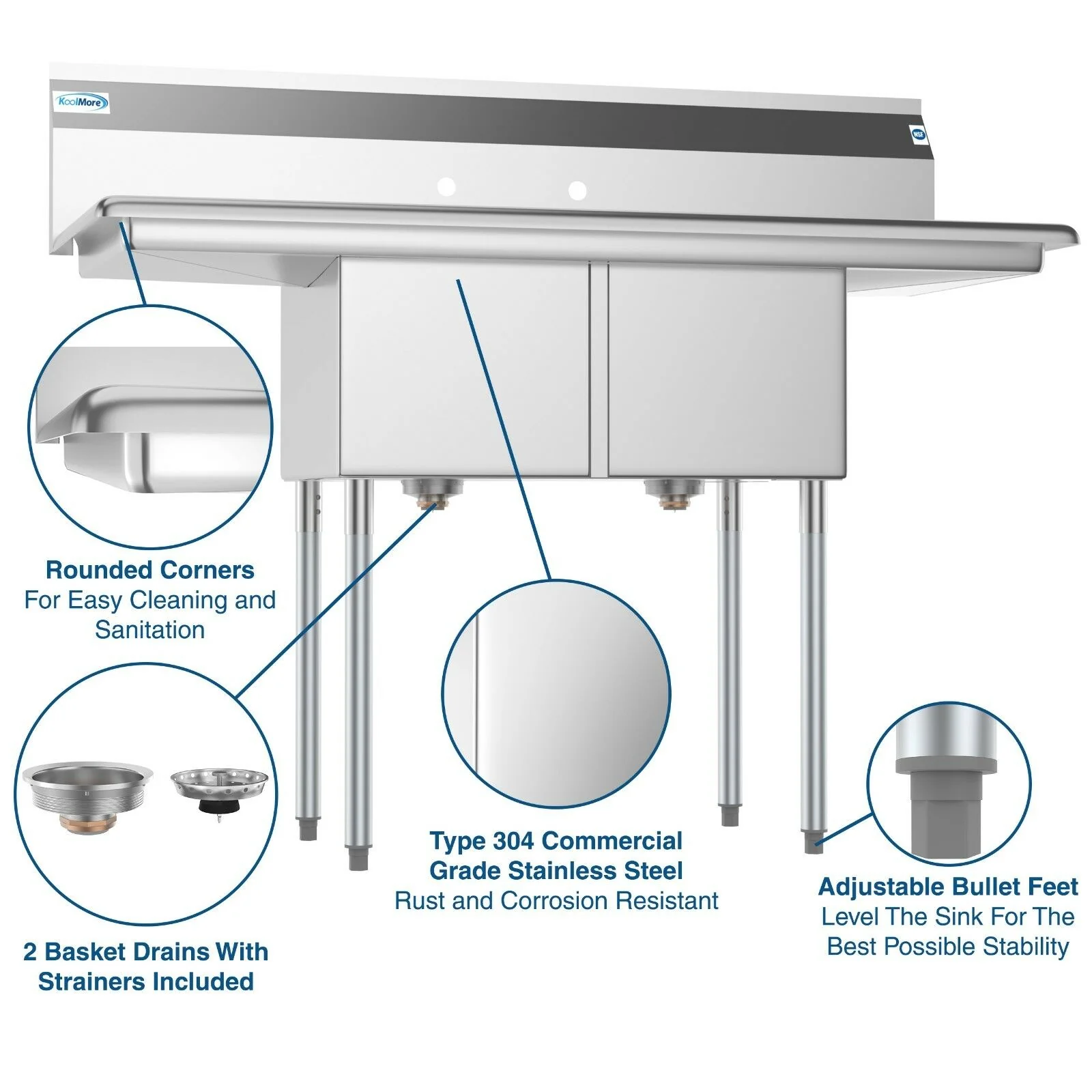 2 Compartment NSF Stainless Steel Prep Sink with Drainboard – 14" x 16" Bowls – Commercial Kitchen Sink 2C14161 - Image 5