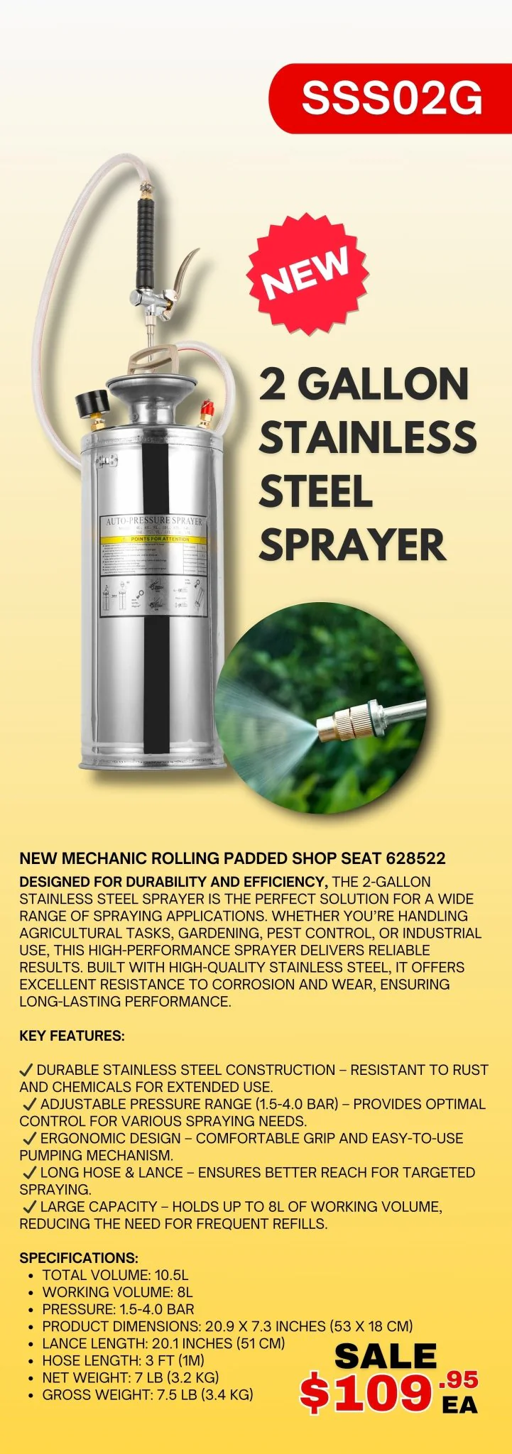 2-Gallon Stainless Steel Pressure Sprayer – Heavy-Duty for Garden, Pest Control & Industrial Use | Model SSS02G - Image 5