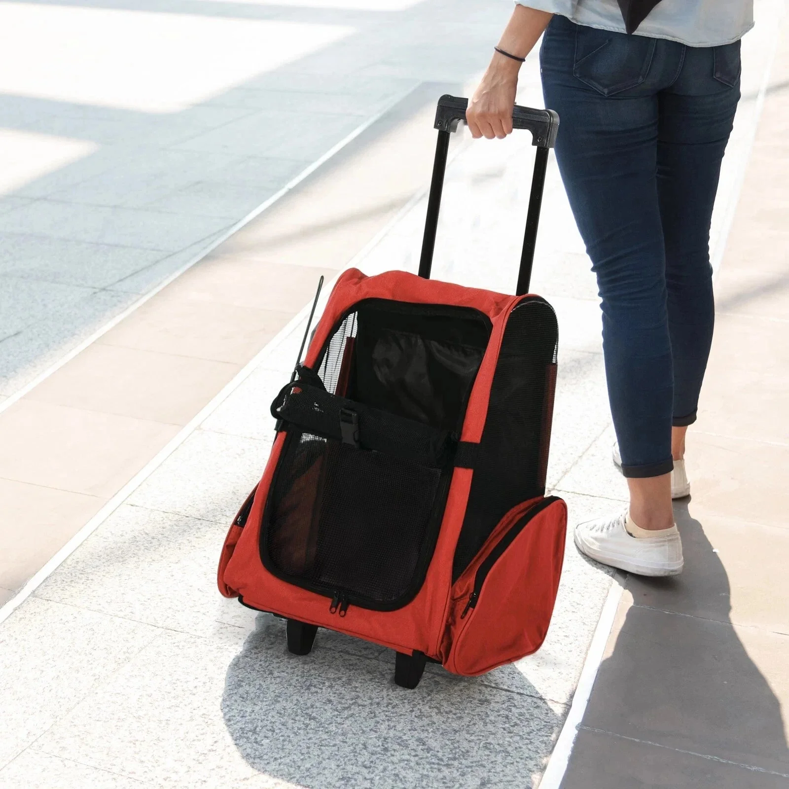 2-in-1 Pet Carrier with Wheels & Backpack – Red Travel Bag for Cats & Small Dogs IDC014