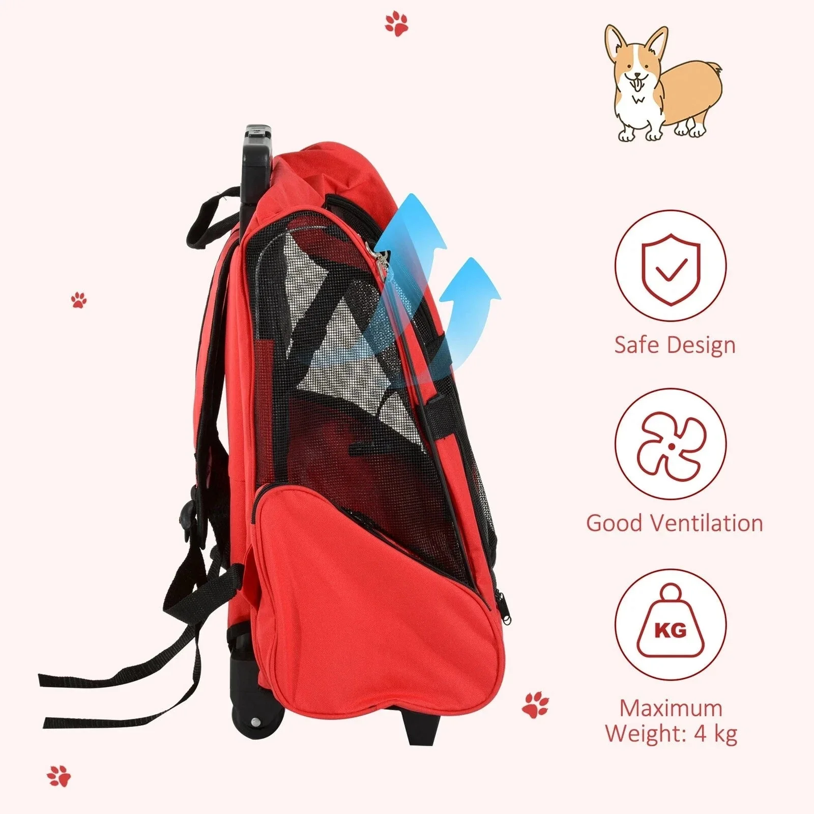 2-in-1 Pet Carrier with Wheels & Backpack – Red Travel Bag for Cats & Small Dogs IDC014 - Image 3