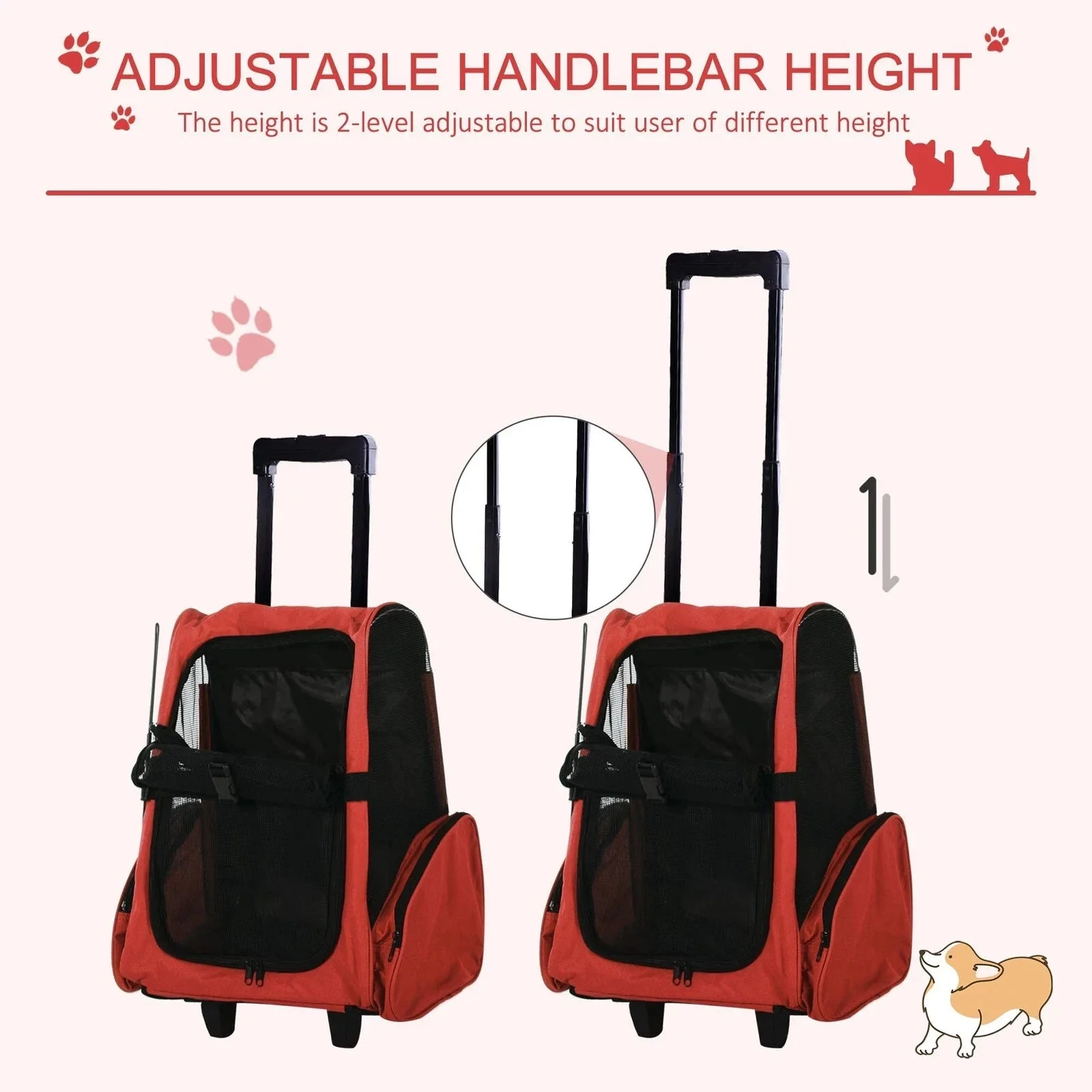 2-in-1 Pet Carrier with Wheels & Backpack – Red Travel Bag for Cats & Small Dogs IDC014 - Image 4