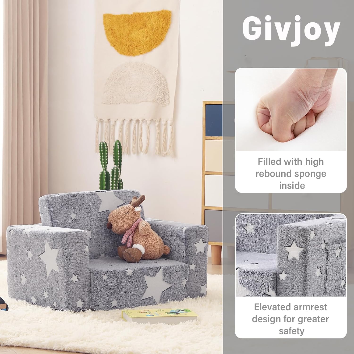 2-in-1 Toddler Chair Plush Kids Couch – Washable Cover, Glow in the Dark, Fold-Out Sofa with Handle & Storage Pocket – SKU 3848511 - Image 3