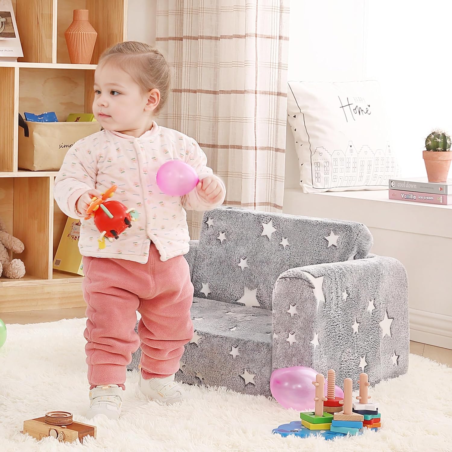 2-in-1 Toddler Chair Plush Kids Couch – Washable Cover, Glow in the Dark, Fold-Out Sofa with Handle & Storage Pocket – SKU 3848511 - Image 4