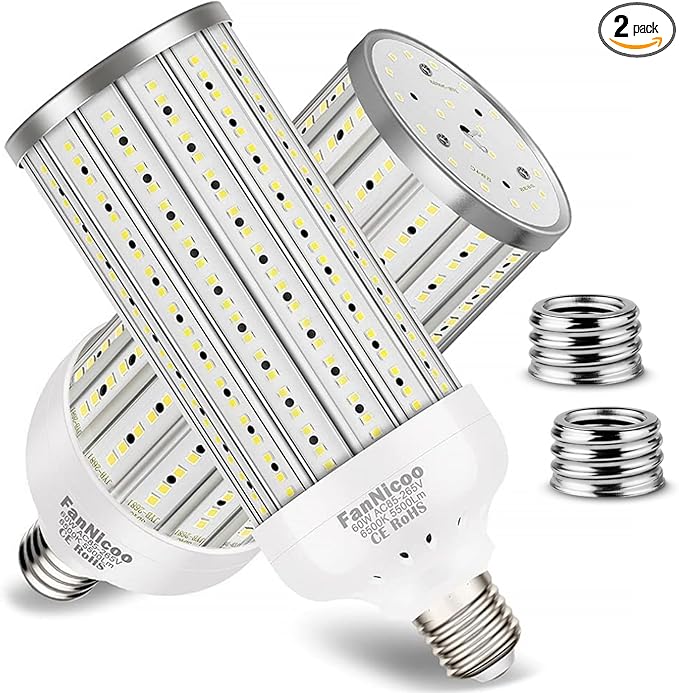 2-Pack 60W LED Corn Light Bulbs – 5500 Lumen 6500K Daylight, 500W Equivalent, E26E27 Base, 360° Area Lighting for Garage & Warehouse – CL06022