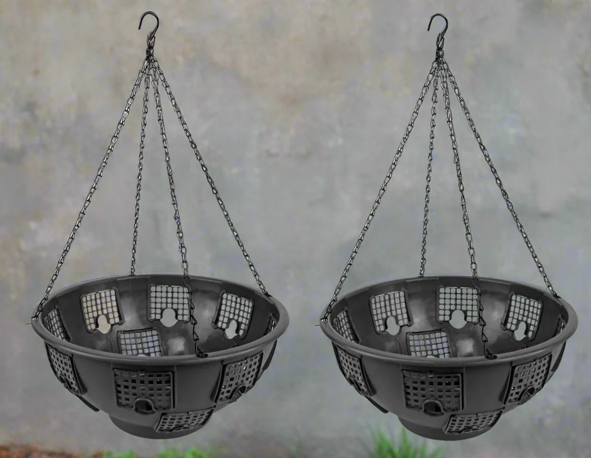 2-Pack Plastic Hanging Basket Planters – Outdoor Hanging Flower Pots with Hooks