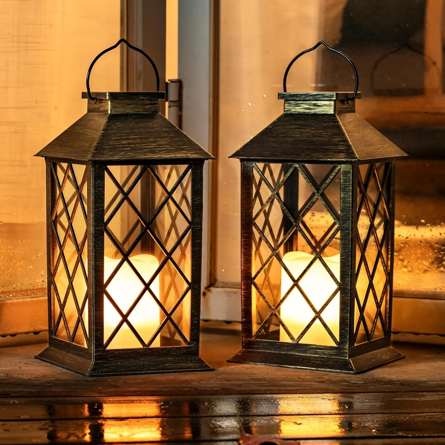 2-Pack Solar Lanterns with Flickering Flameless LED Candle, Waterproof Hanging Outdoor Solar Lights with Handle 5284L