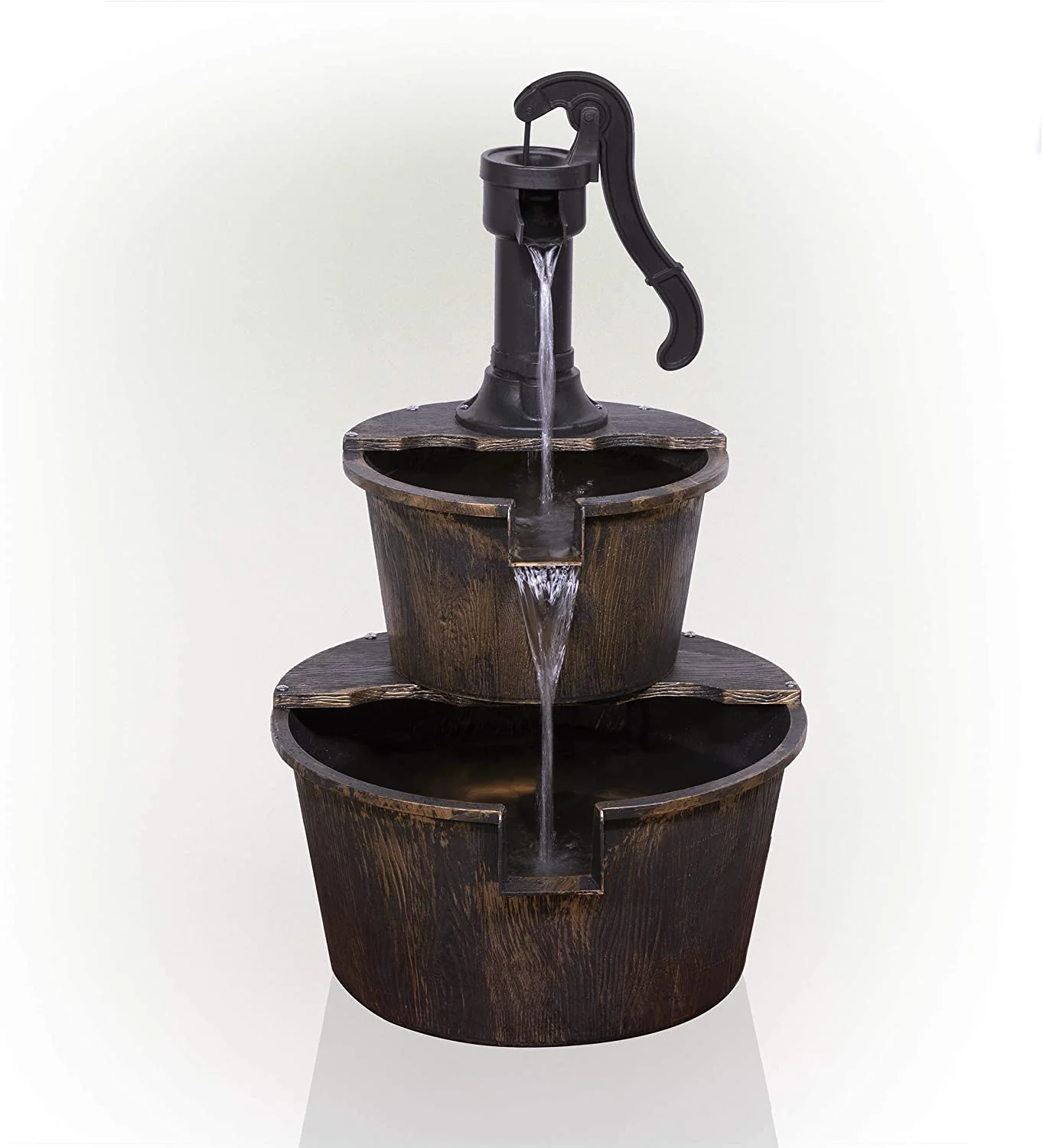 New 2-Tier Garden Barrel Water Fountain – Rustic Outdoor Cascading Feature for Patio, Yard, or Garden Decor GD40087