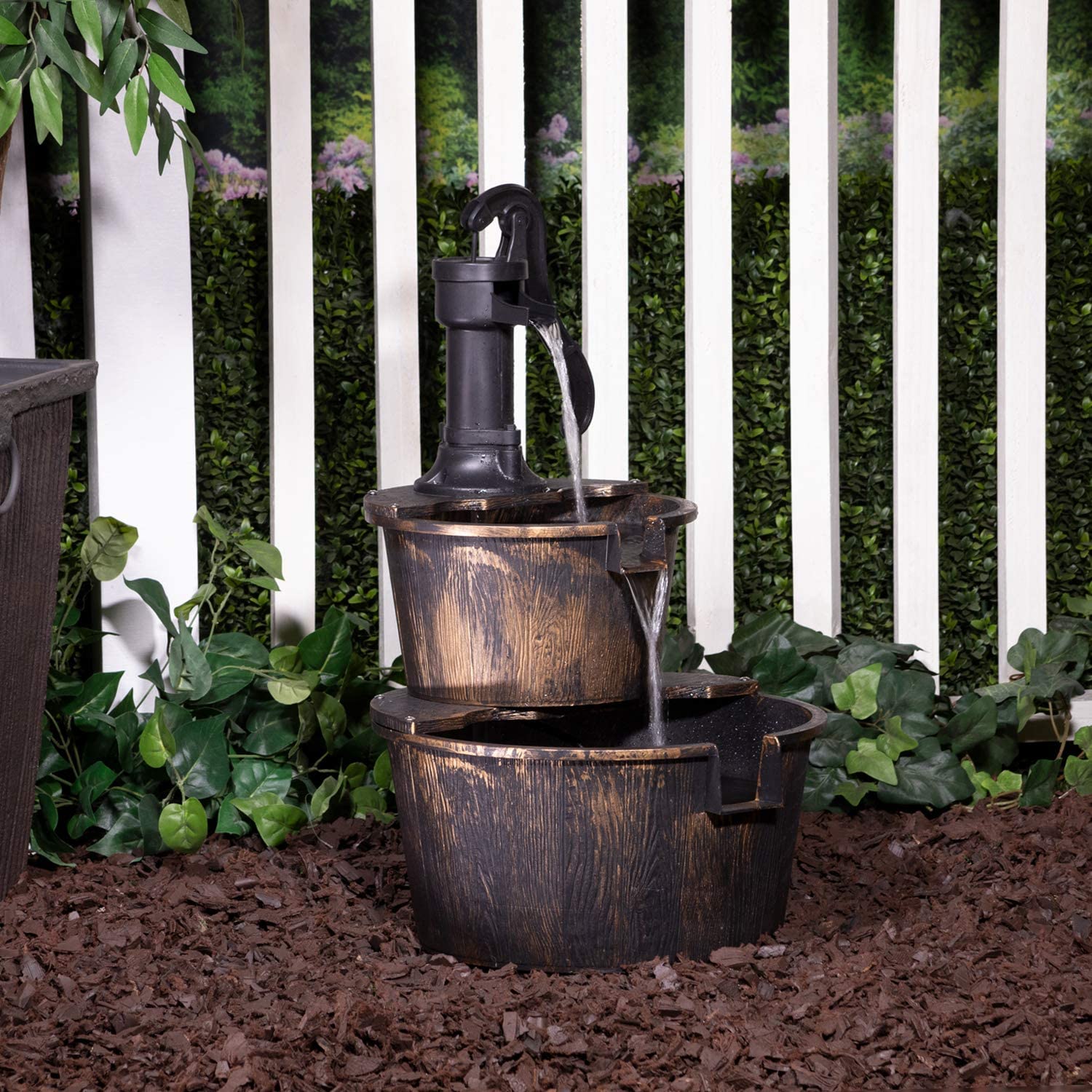 New 2-Tier Garden Barrel Water Fountain – Rustic Outdoor Cascading Feature for Patio, Yard, or Garden Decor GD40087 - Image 2
