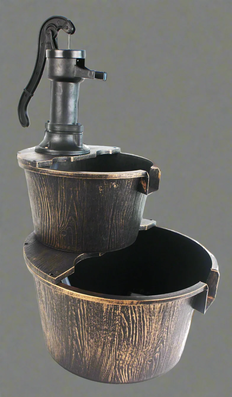 New 2-Tier Garden Barrel Water Fountain – Rustic Outdoor Cascading Feature for Patio, Yard, or Garden Decor GD40087 - Image 3