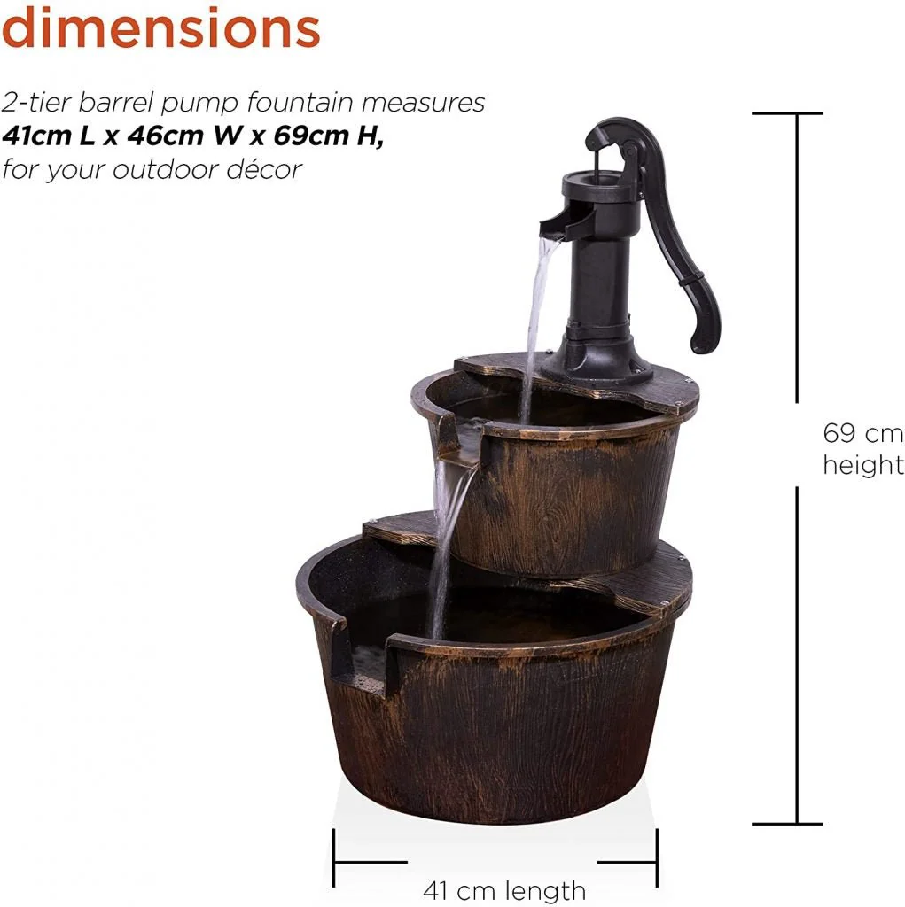 New 2-Tier Garden Barrel Water Fountain – Rustic Outdoor Cascading Feature for Patio, Yard, or Garden Decor GD40087 - Image 4